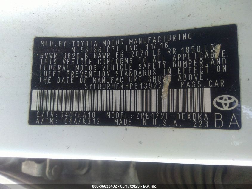 2017 TOYOTA COROLLA L/LE/XLE/SE - 5YFBURHE4HP613922
