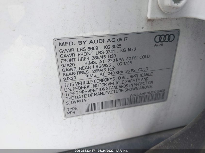 WA1LAAF76JD012405 2018 AUDI Q7, photo no. 9