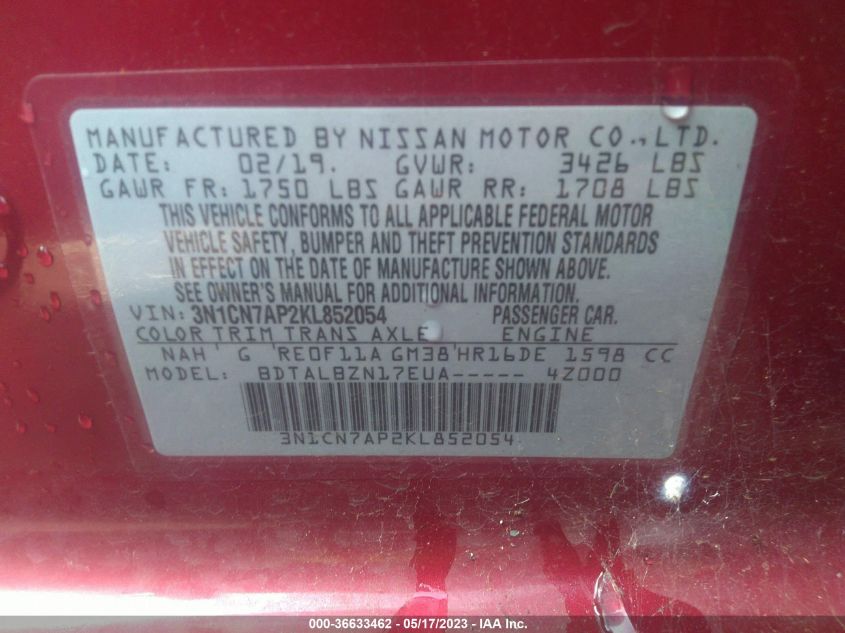 2019 NISSAN VERSA SEDAN SV - 3N1CN7AP2KL852054