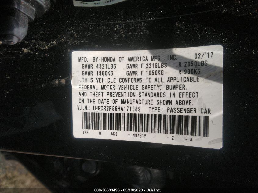 2017 HONDA ACCORD SEDAN SPORT - 1HGCR2F56HA171389