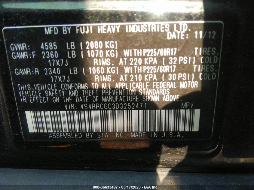 2013 SUBARU OUTBACK 2.5I PREMIUM - 4S4BRCGC3D3252471