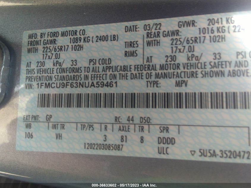 2022 FORD ESCAPE S - 1FMCU9F63NUA59461