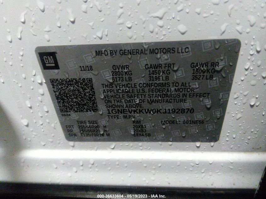 2019 CHEVROLET TRAVERSE PREMIER - 1GNEVKKW0KJ192870
