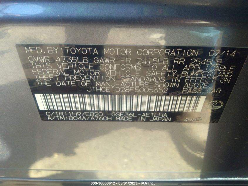 2015 LEXUS IS 350 - JTHCE1D28F5005652