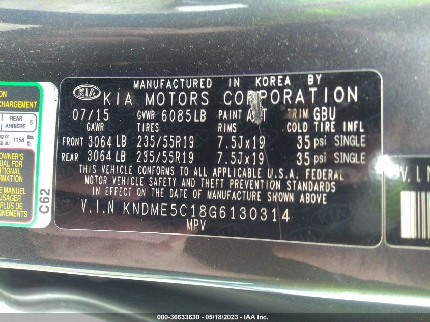 2016 KIA SEDONA SX-L - KNDME5C18G6130314