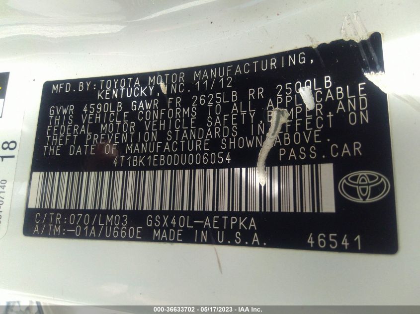 2013 TOYOTA AVALON XLE/LIMITED - 4T1BK1EB0DU006054