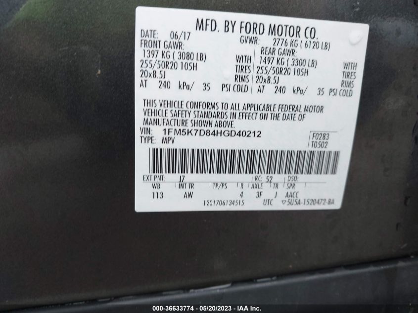 2017 FORD EXPLORER XLT - 1FM5K7D84HGD40212