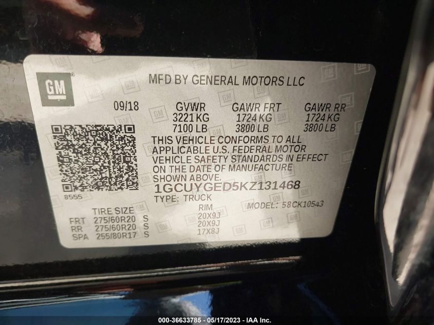 2019 CHEVROLET SILVERADO 1500 LTZ - 1GCUYGED5KZ131468