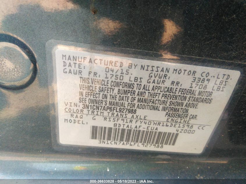 2015 NISSAN VERSA S - 3N1CN7AP6FL927988