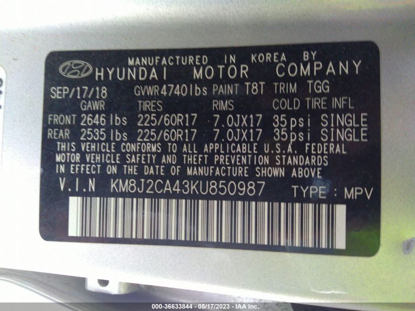 2019 HYUNDAI TUCSON SE - KM8J2CA43KU850987