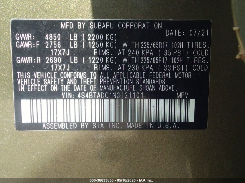 2022 SUBARU OUTBACK - 454BTADC1N3121101