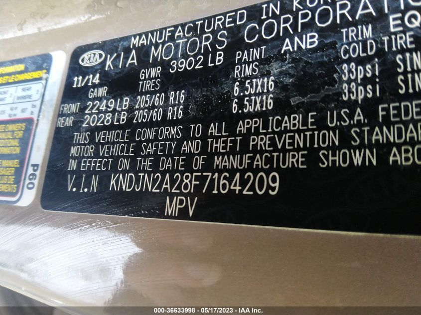 2015 KIA SOUL BASE - KNDJN2A28F7164209