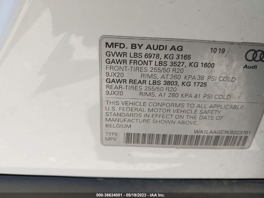 2019 AUDI E-TRON PREMIUM PLUS - WA1LAAGE3KB023761