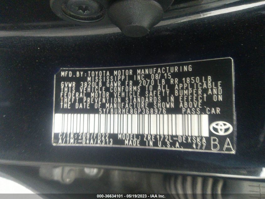 2016 TOYOTA COROLLA L/LE/S/S PLUS/LE PLUS - 5YFBURHE8GP368976