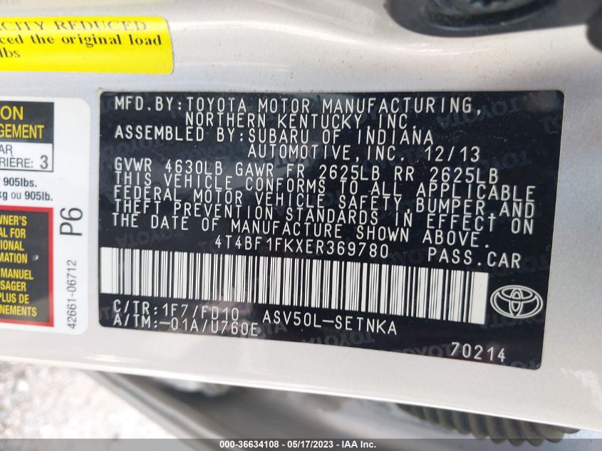 2014 TOYOTA CAMRY L/LE/XLE/SE/SE SPORT - 4T4BF1FKXER369780