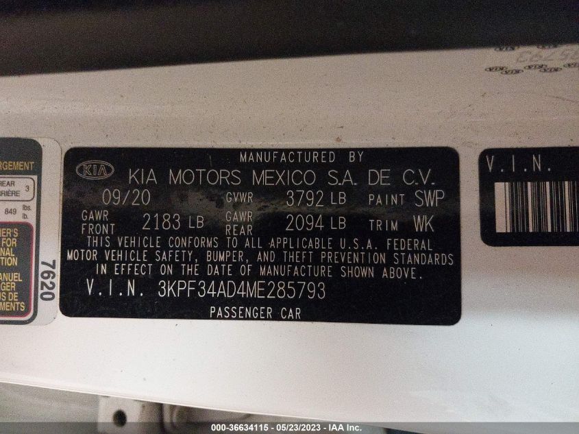 2021 KIA FORTE GT-LINE - 3KPF34AD4ME285793