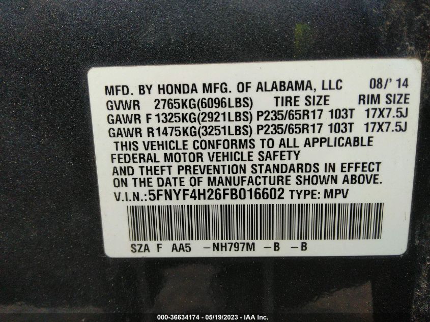 2015 HONDA PILOT LX - 5FNYF4H26FB016602