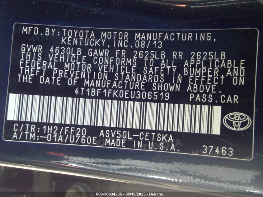 2014 TOYOTA CAMRY L/LE/XLE/SE/SE SPORT - 4T1BF1FK0EU306519