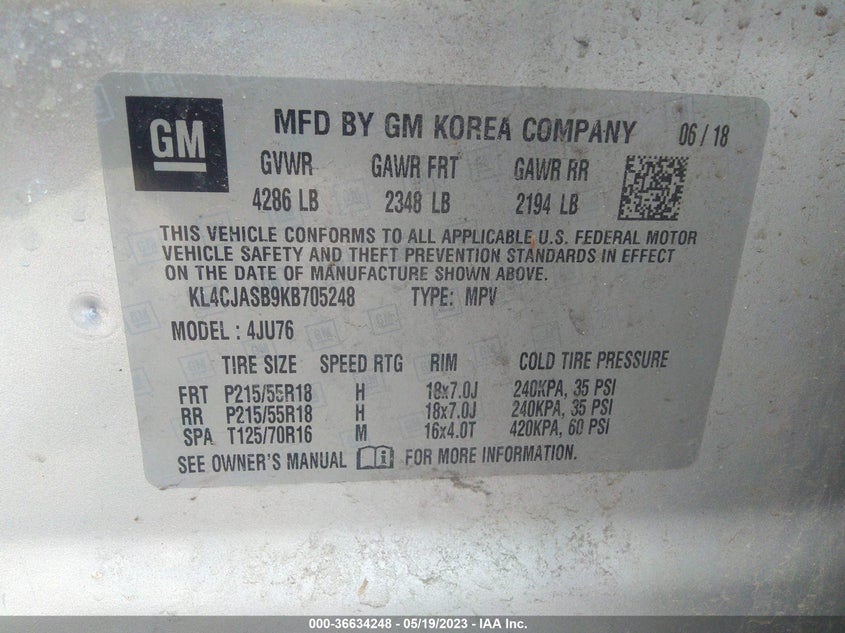 VIN KL4CJASB9KB705248 2019 BUICK ENCORE PREFERRED