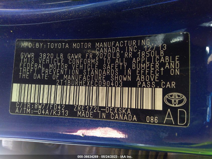 2014 TOYOTA COROLLA L/LE/S/S PLUS/LE PLUS - 2T1BURHEXEC090403