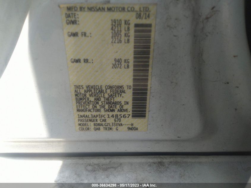 2015 NISSAN ALTIMA 2.5 S - 1N4AL3AP3FC148567