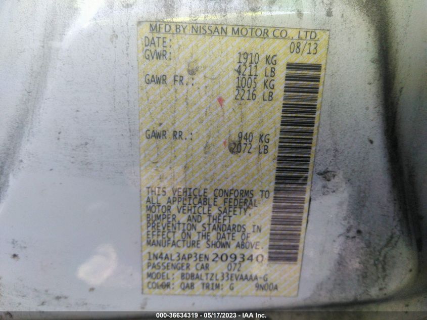 2014 NISSAN ALTIMA 2.5 SV - 1N4AL3AP3EN209340