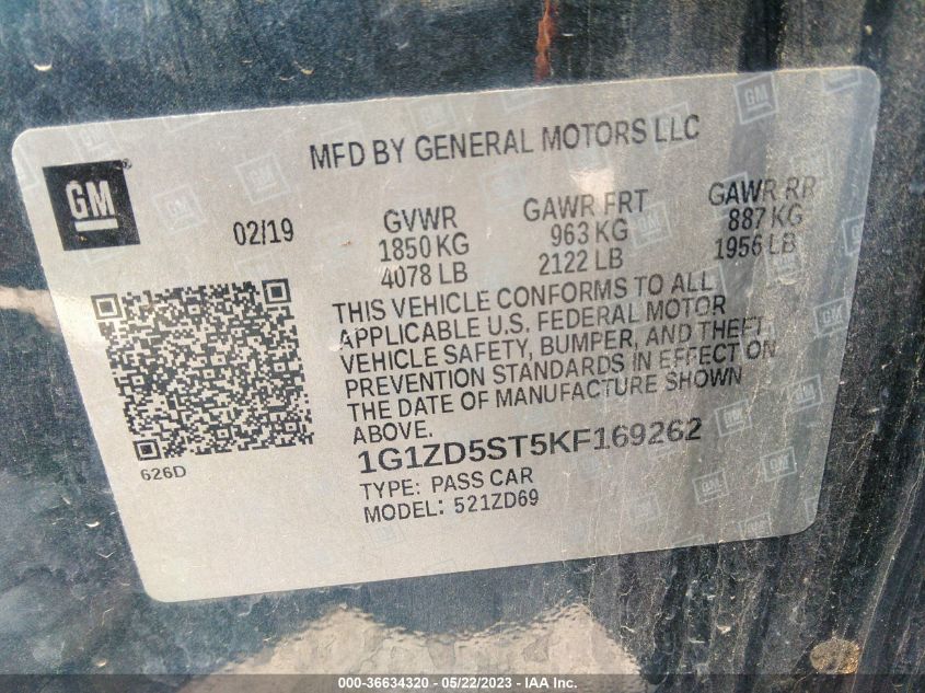 2019 CHEVROLET MALIBU LT - 1G1ZD5ST5KF169262