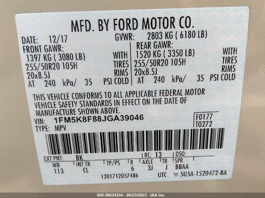 2018 FORD EXPLORER LIMITED - 1FM5K8F88JGA39046