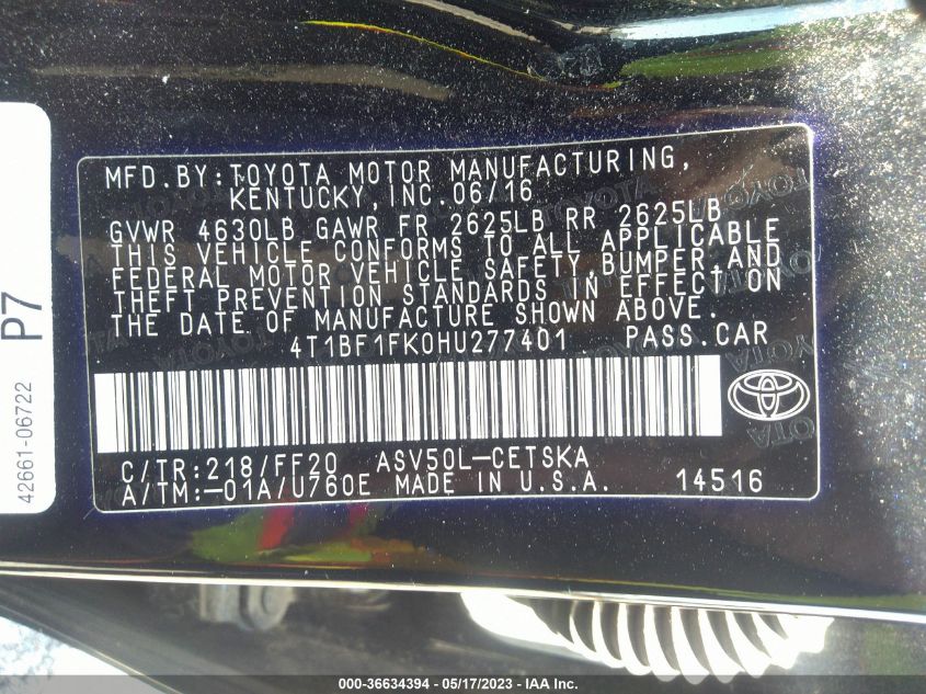 2017 TOYOTA CAMRY XLE/SE/LE/XSE - 4T1BF1FK0HU277401