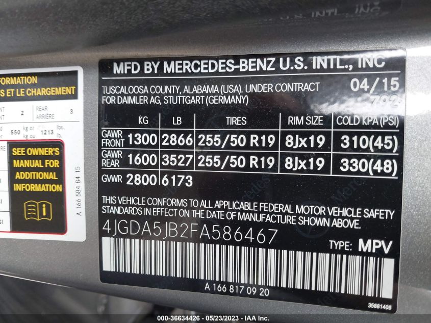 2015 MERCEDES-BENZ M-CLASS ML 350 - 4JGDA5JB2FA586467