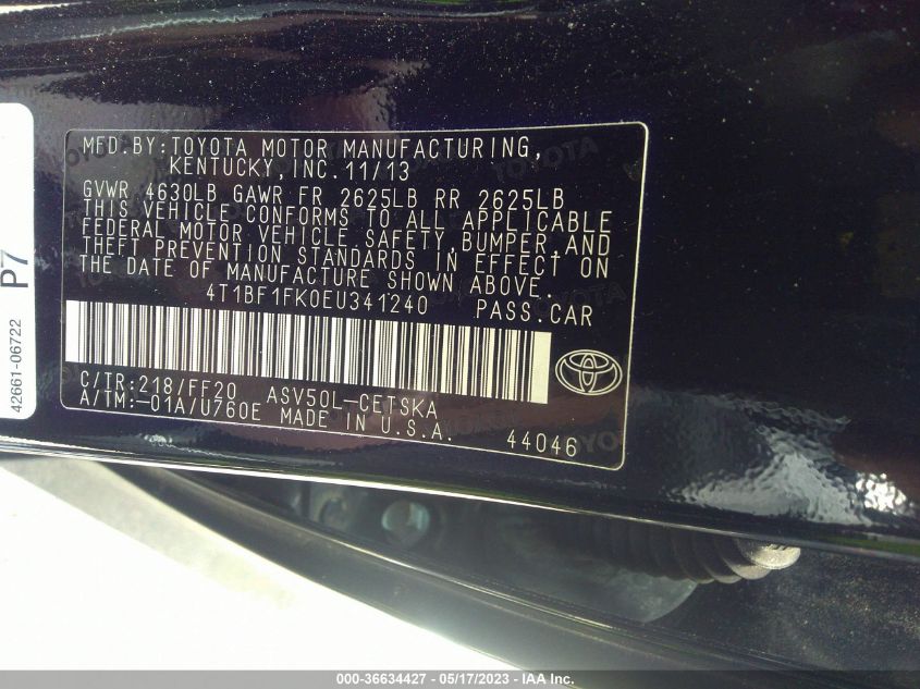 2014 TOYOTA CAMRY L/LE/XLE/SE/SE SPORT - 4T1BF1FK0EU341240