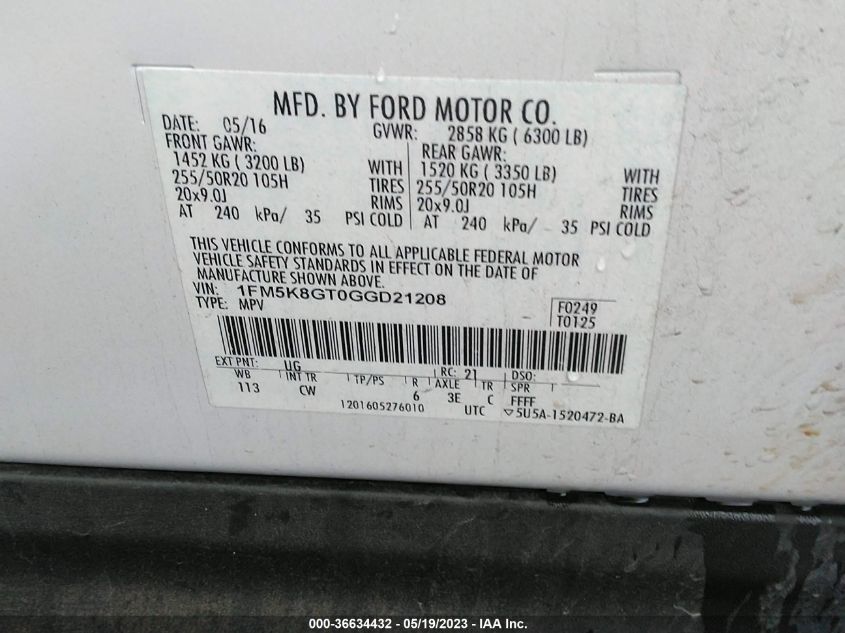 2016 FORD EXPLORER SPORT - 1FM5K8GT0GGD21208