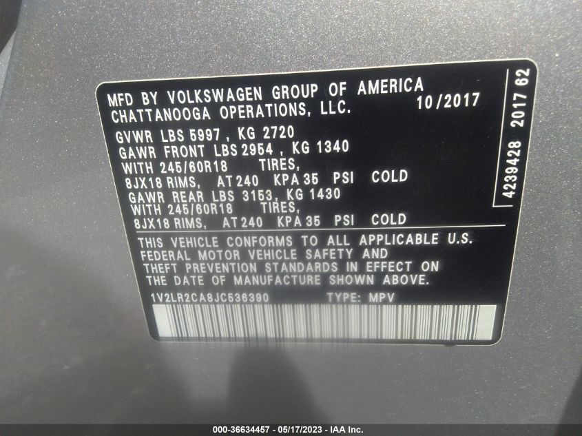 2018 VOLKSWAGEN ATLAS 3.6L V6 SE - 1V2LR2CA8JC536390