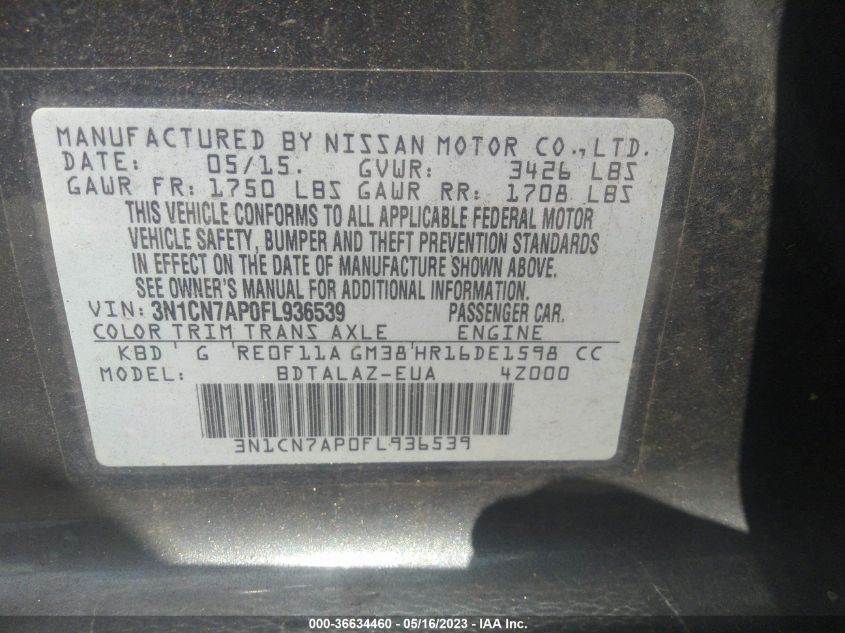 2015 NISSAN VERSA S PLUS - 3N1CN7AP0FL936539