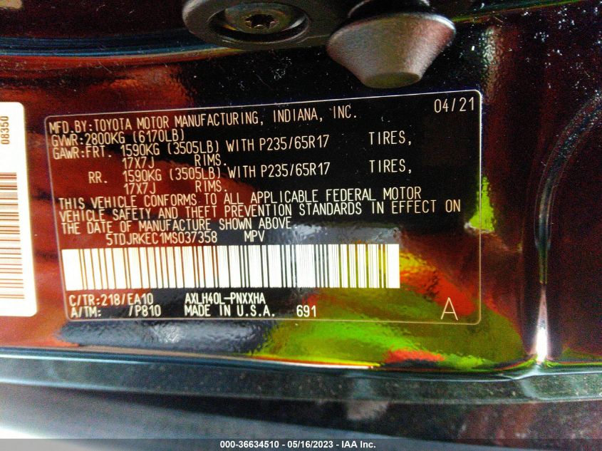 2021 TOYOTA SIENNA XLE - 5TDJRKEC1MS037358