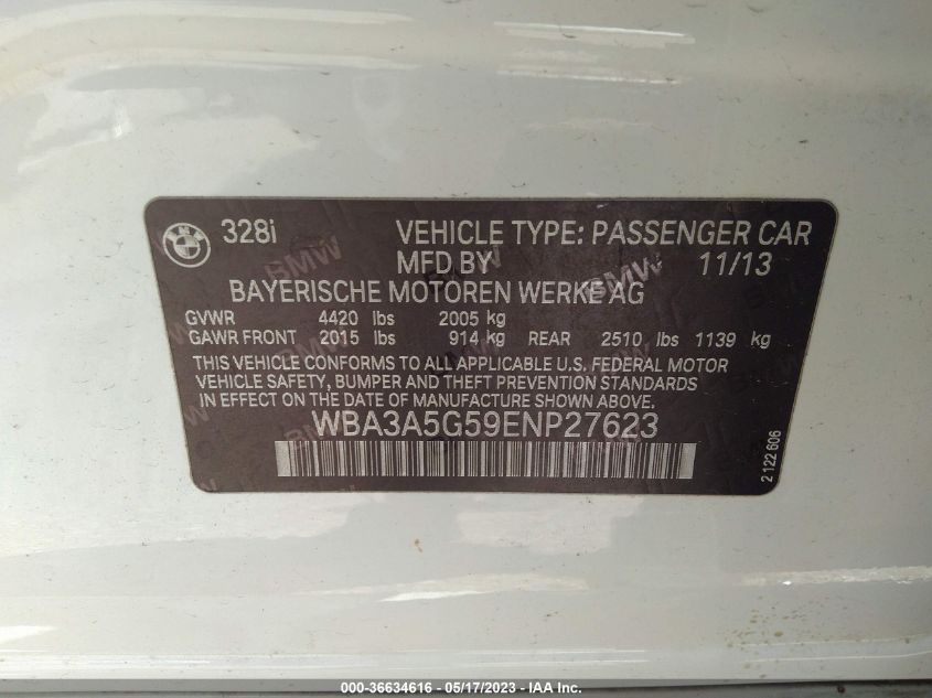 2014 BMW 3 SERIES 328I - WBA3A5G59ENP27623