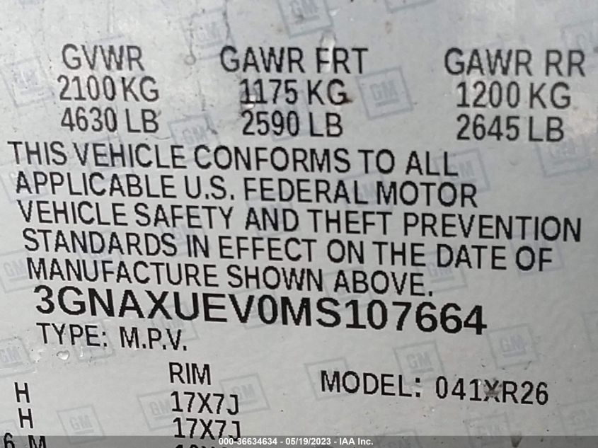 2021 CHEVROLET EQUINOX LT - 3GNAXUEV0MS107664