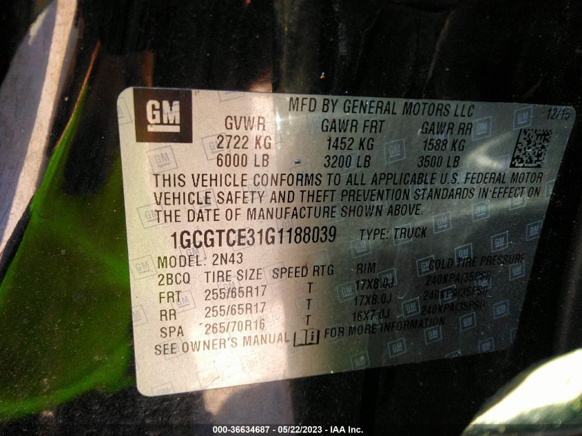 2016 CHEVROLET COLORADO 4WD LT - 1GCGTCE31G1188039