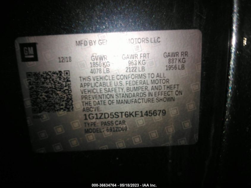 2019 CHEVROLET MALIBU LT - 1G1ZD5ST6KF145679