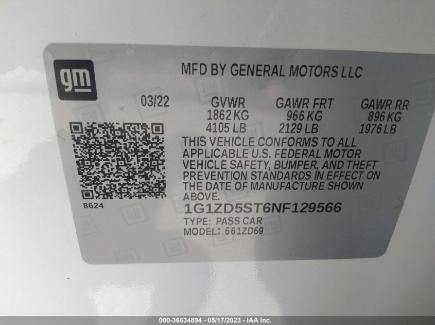2022 CHEVROLET MALIBU LT - 1G1ZD5ST6NF129566