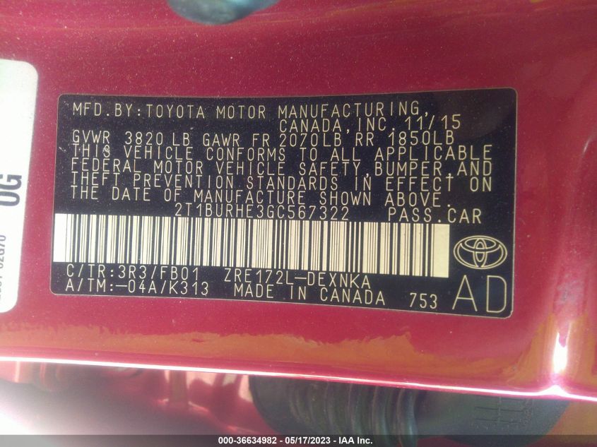 2016 TOYOTA COROLLA L/LE/S/S PLUS/LE PLUS - 2T1BURHE3GC567322