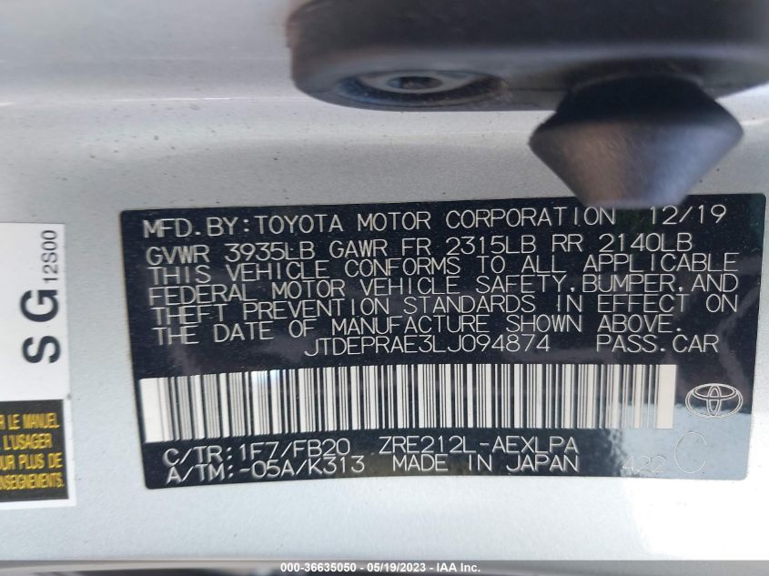2020 TOYOTA COROLLA LE - JTDEPRAE3LJ094874