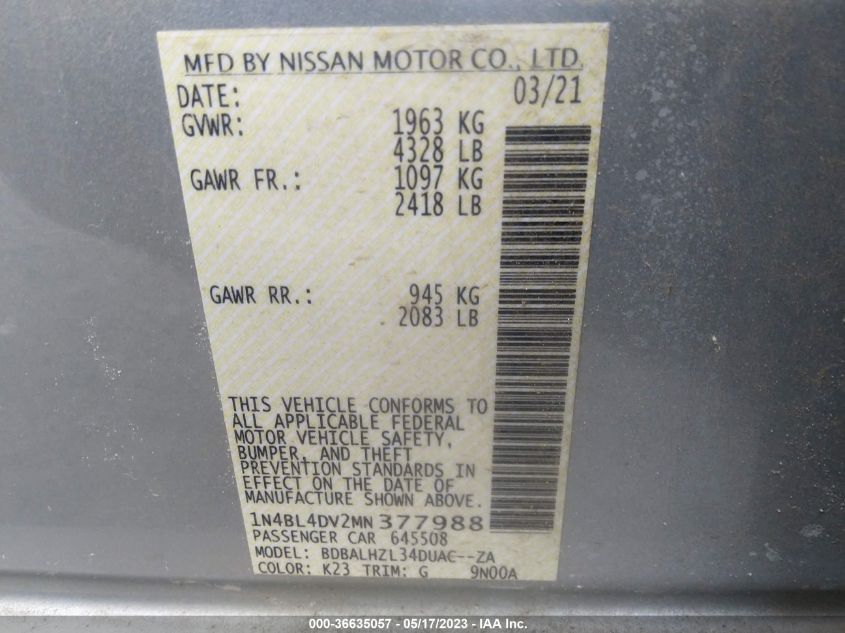 2021 NISSAN ALTIMA 2.5 SV - 1N4BL4DV2MN377988