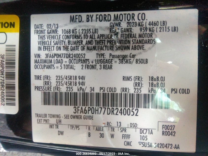 2013 FORD FUSION SE - 3FA6P0H77DR240052