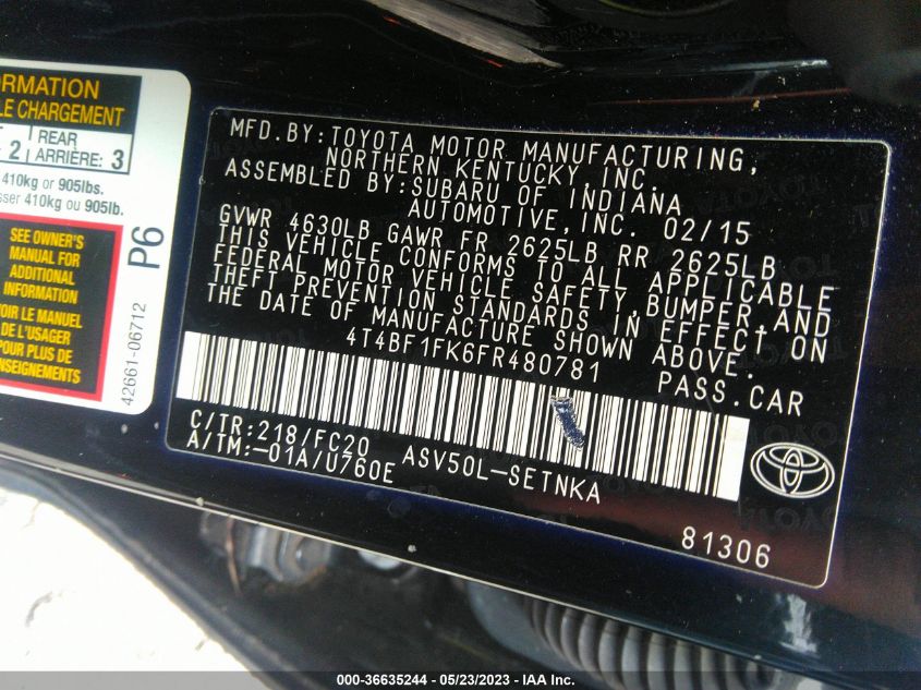 2015 TOYOTA CAMRY XLE/SE/LE/XSE - 4T4BF1FK6FR480781