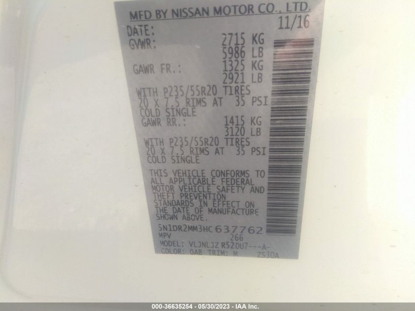 2017 NISSAN PATHFINDER PLATINUM - 5N1DR2MM3HC637762