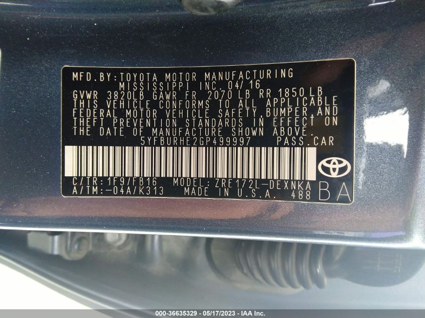 2016 TOYOTA COROLLA LE - 5YFBURHE2GP499997