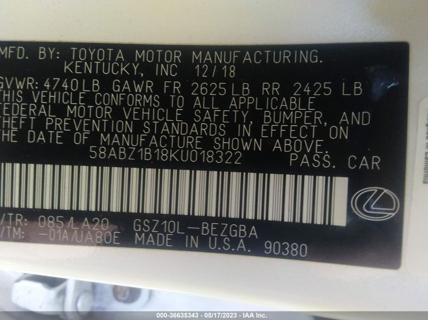 2019 LEXUS ES ES 350 - 58ABZ1B18KU018322