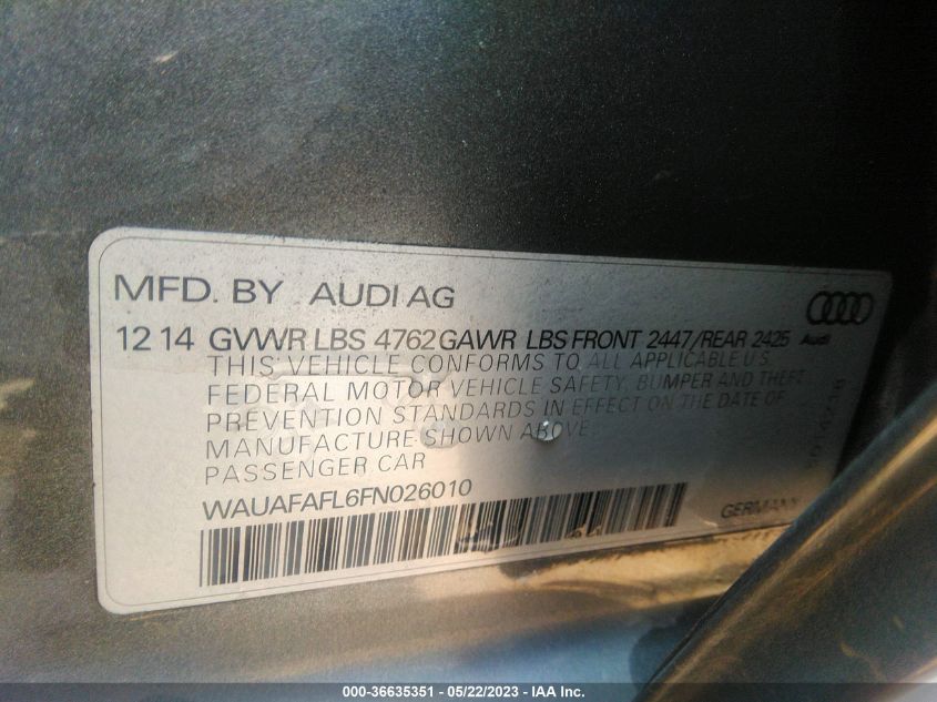 2015 AUDI A4 PREMIUM - WAUAFAFL6FN026010