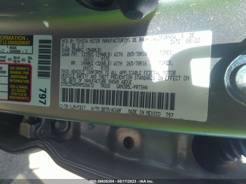 2022 TOYOTA TACOMA 4WD SR/SR5/TRD SPORT - 3TMCZ5AN5NM526672